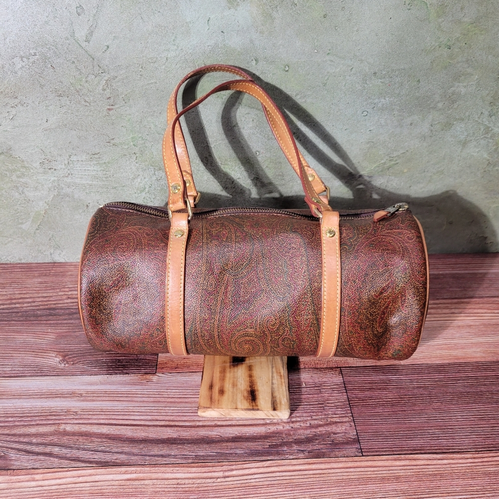 Etro Paisley Canvas Natural Leather Round Barrel shoulder purse/bag